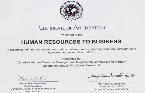 Certificate of Appreciation presented to the Human Resources to Business